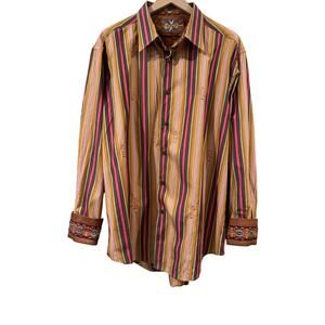 Robert Graham Striped Button Down Silk Trim Flip Cuff 2XL